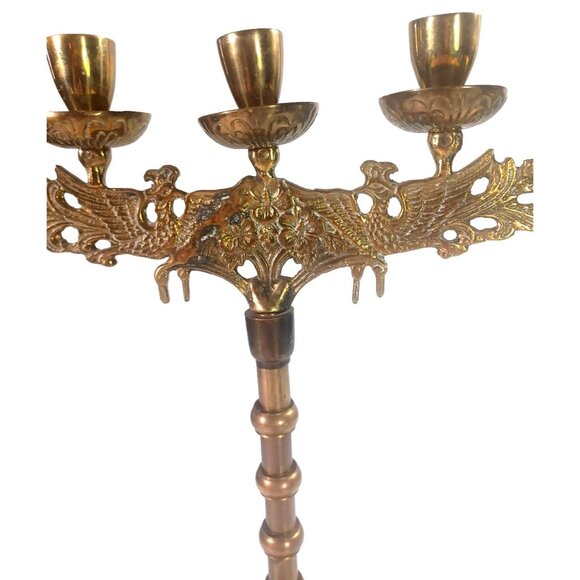 Large Vintage Gold Brass Phoenix Peacock 7-Light Candelabra Menorah - Picture 6 of 11